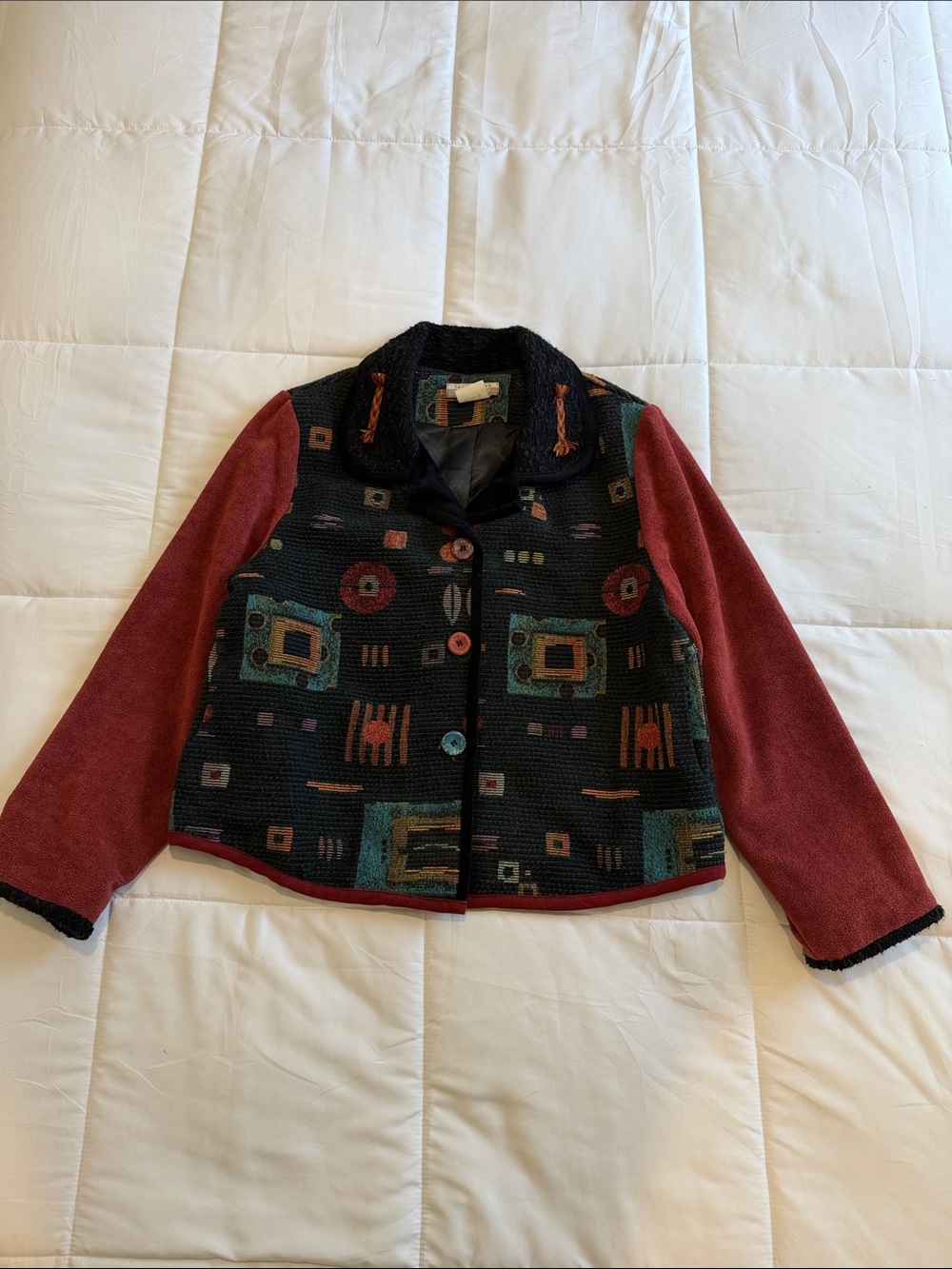 Nino Wong Tapestry Geometric Boho Art Black Jacket with Red Sleeves. S